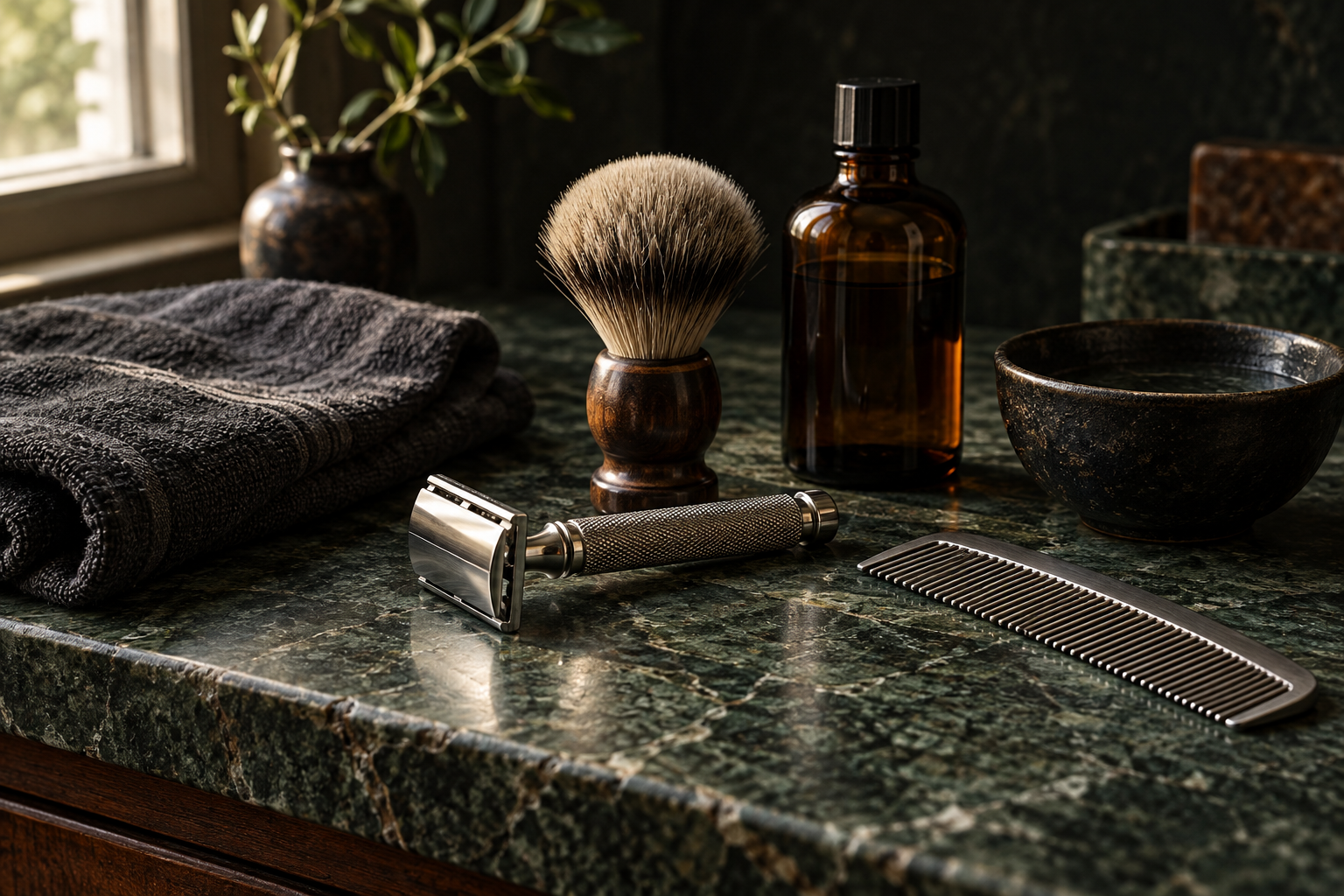 Grooming tools arranged on a workbench