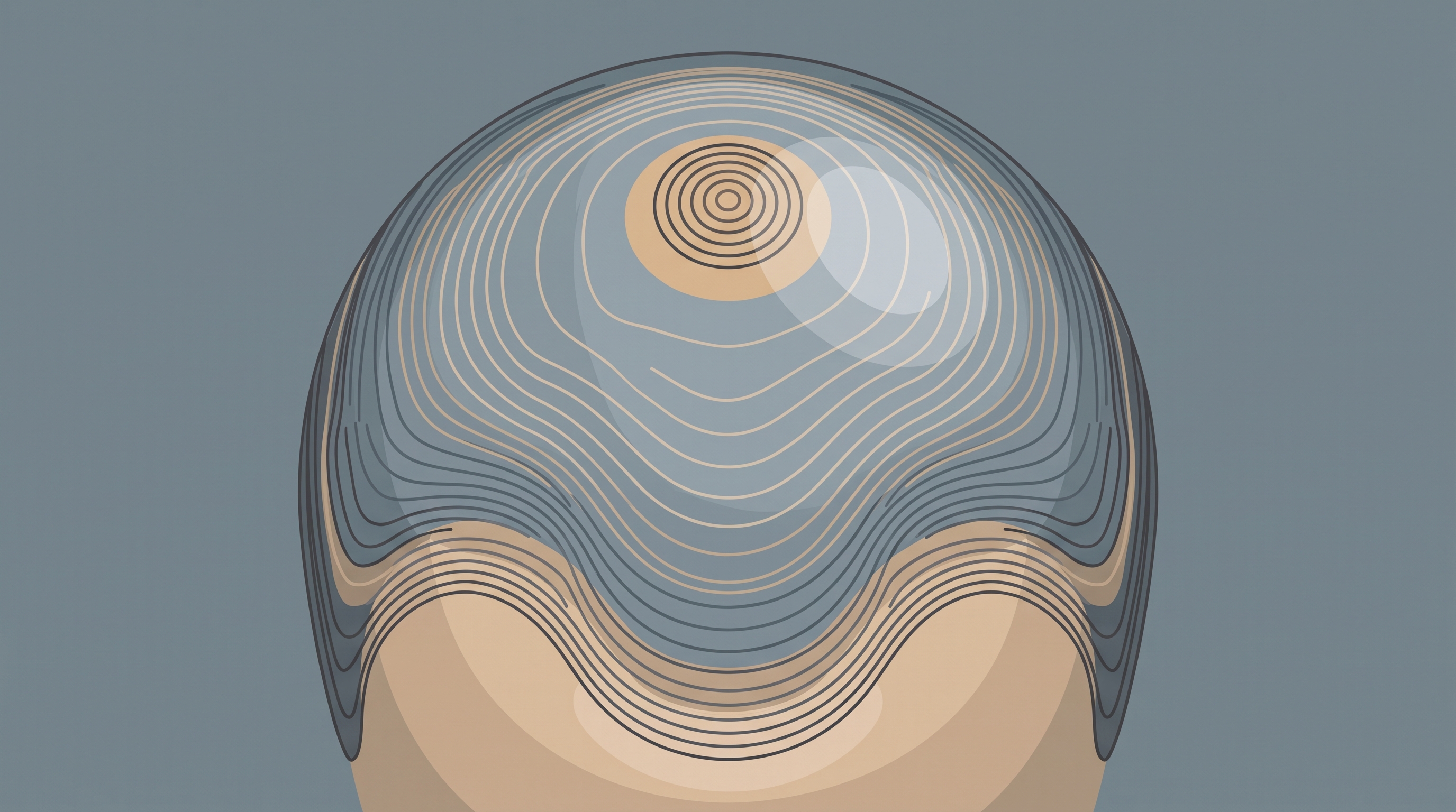 Abstract illustration of a scalp seen from above, drawn as soft topographic contour bands in slate, sand and charcoal, with an evenly thinning field, a small round crown spot and a receding front edge.