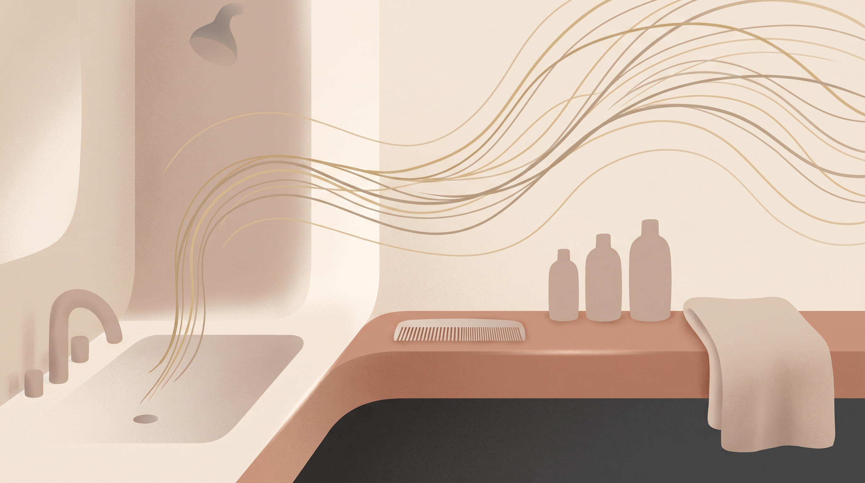 Conceptual illustration of a men's grooming corner with a washbasin, comb, folded towel and plain unlabeled bottles in warm neutral tones, with abstract flowing lines suggesting hair strands.