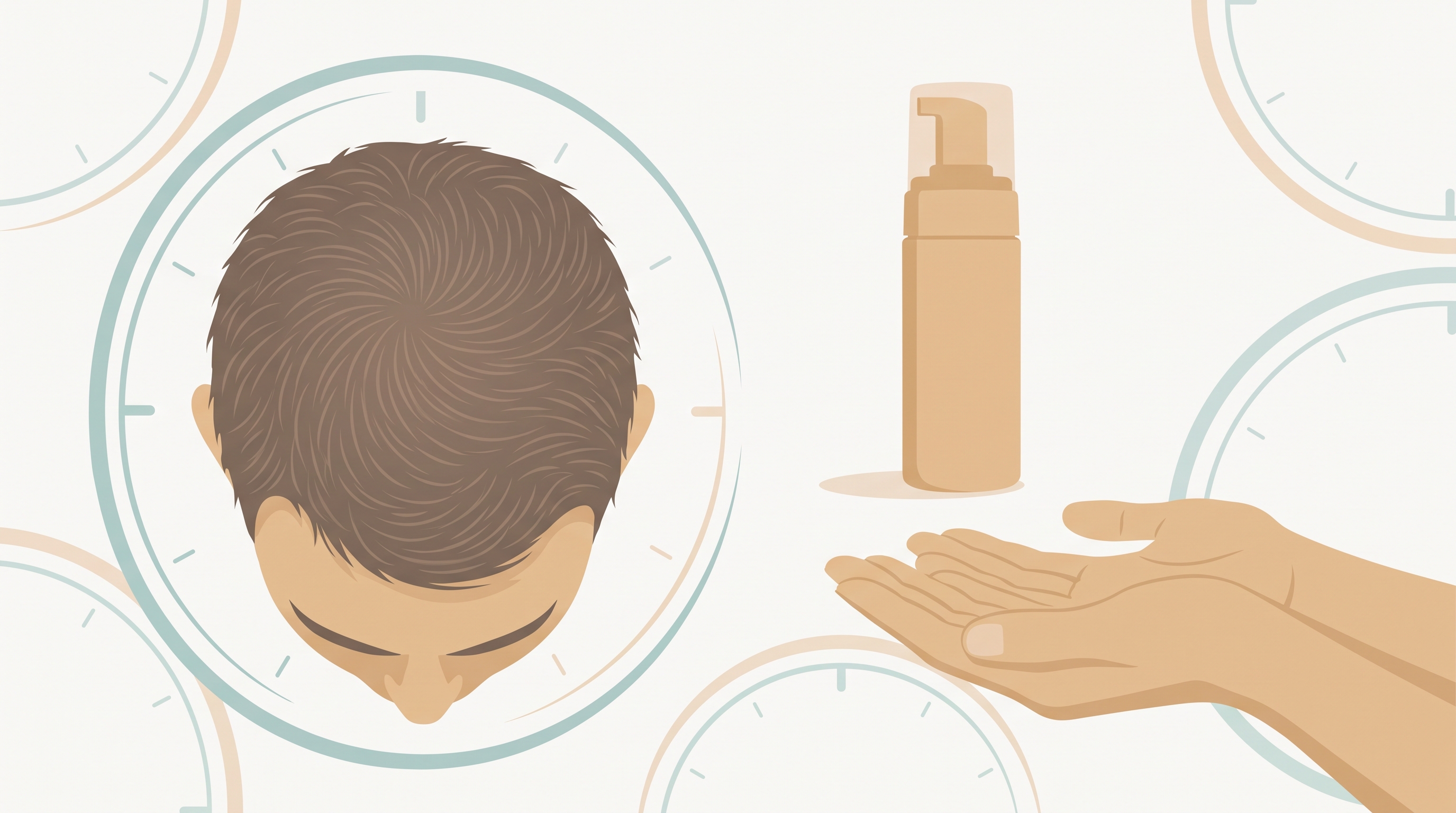 Conceptual illustration of a man's head seen from above with the crown drawn as fine radial strokes, beside an unmarked foam dispenser, open cupped hands and faint curved arcs suggesting a repeating twice-daily routine.
